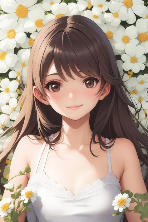 portrait, solo, 1girl, looking at viewer, smile, blush, small breasts, sunbeam, Feverfew \(flower\), floral background <lora:saitom_style_v05.23:1>