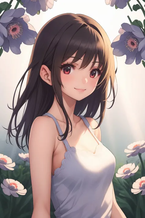 upper body, solo, 1girl, looking to the side, smile, blush, medium breasts, god rays, Anemone \(flower\), floral background <lora:saitom_style_v05.23:1>