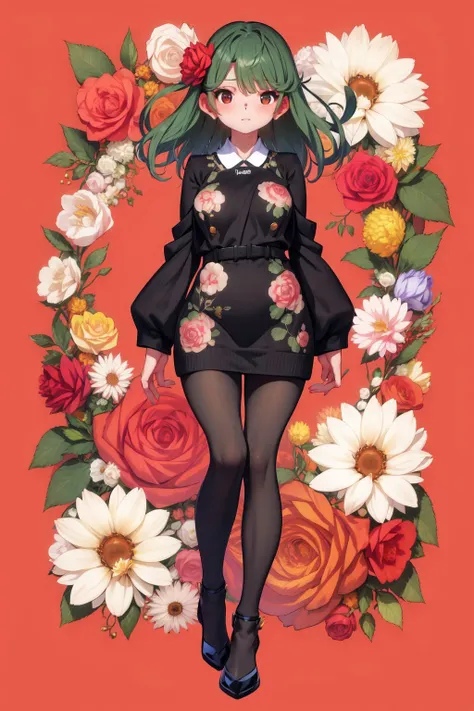 full body, solo, 1girl, looking at viewer, henohenomoheji, blush, medium breasts, multi-tied hair, dark green hair, sunbeam, Rose \(flower\), floral background <lora:saitom_style_v07Unet:1>