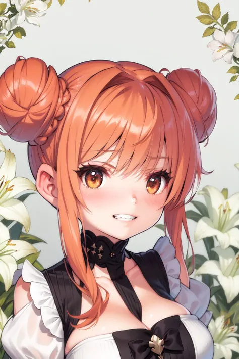 portrait, solo, 1girl, looking at viewer, grin, blush, medium breasts, double bun, orange hair, glttering light, Lily_Casa_Blanca \(flower\), floral background <lora:saitom_style_v07Unet:1>