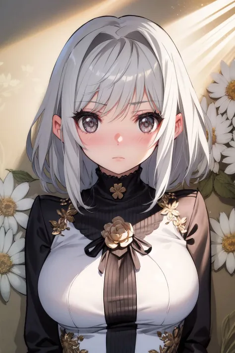 portrait, solo, 1girl, looking at viewer, expressionless, blush, medium breasts, single hair ring, light grey hair, god rays, Monte_Cassino \(flower\), floral background <lora:saitom_style_v07Unet:1>