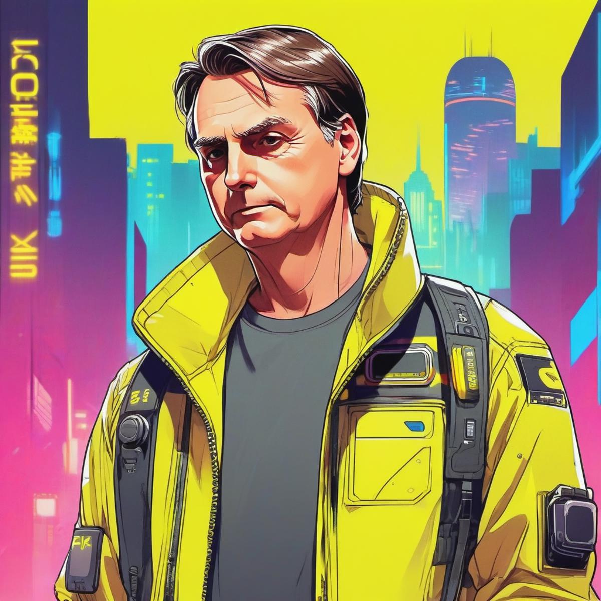A man in a yellow jacket and black shirt standing in front of a city ...