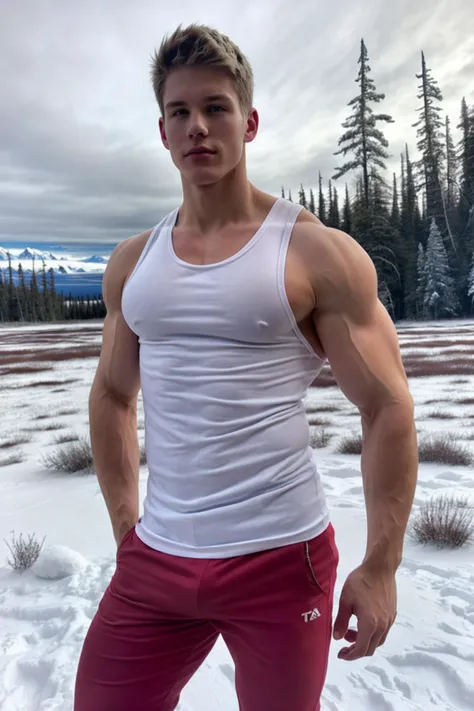 RAW photo, ((full body shot)), czech young man standing in a pine forest with his shirt off, ((snow on his shoulders and chest)), in a snowy forest setting, standing in the snow, czech man, shirtless, twink, (bulged symmetrical six pack abs), beautiful symmetrical face with full lips and open eyes, (huge pectoral chest muscles), V-shaped upper body, undercut blond hairstyle,athletic physique, slender, no body hair, wearing nothing, completely naked , Realistic, fully naked, nude, perfect , male , correct male scrotum, perfect scrotum, male structure, correct male genitelia, huge and veiny male genitelia, hard male genitalia, erect male genitalia, ((masterpiece)), ((bestquality)), 8k,high detailed, ultra-detailed, Neutral Expression, Stylish Pose, real skin texture, cinematic lighting, (full body shot) , (natural pose:1.2) , (detailed beautiful skin:1.2) , (beautiful detailed face:1.2) , textured skin, (detailed face and eyes:1.3)