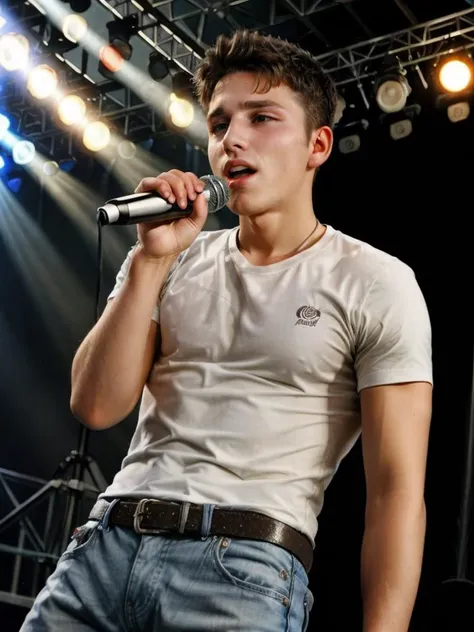 Dynamic pose Cowboy shot,slim 22yo man dg_ShawnPyfrom,stubble,performing on a concert stage,singing into a microphone,stage lighting,special effects,<lora:dg_ShawnPyfrom-v1:0.8>,close up,