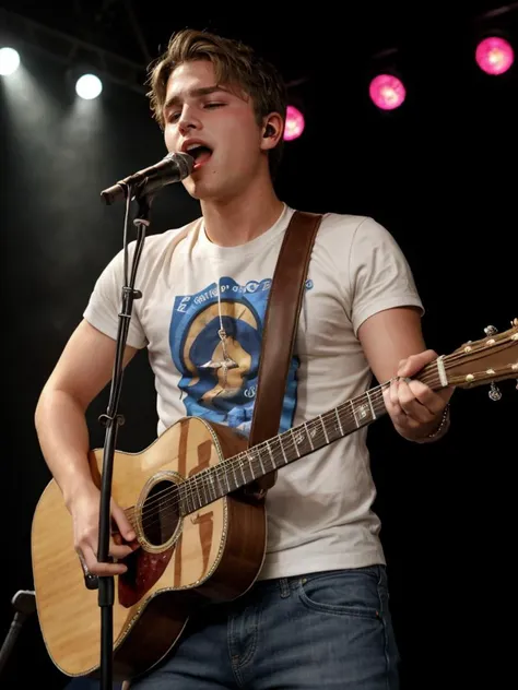 Dynamic pose Cowboy shot,slim 22yo man dg_ShawnPyfrom,stubble,performing on a concert stage,singing into a microphone,stage lighting,special effects,<lora:dg_ShawnPyfrom-v1:0.8>,close up,