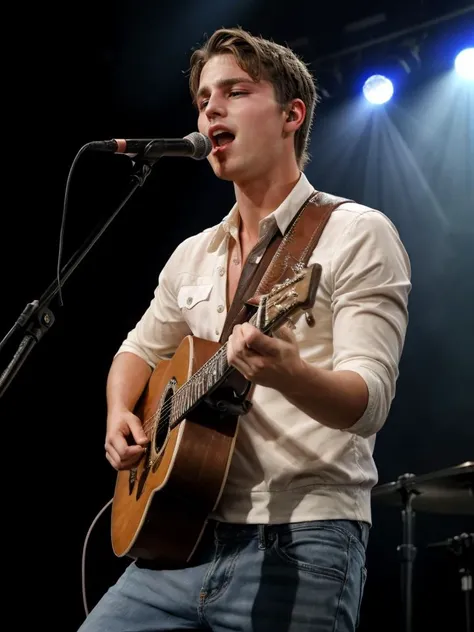 Dynamic pose Cowboy shot,slim 22yo man dg_ShawnPyfrom,stubble,performing on a concert stage,singing into a microphone,stage lighting,special effects,<lora:dg_ShawnPyfrom-v1:0.8>,close up,