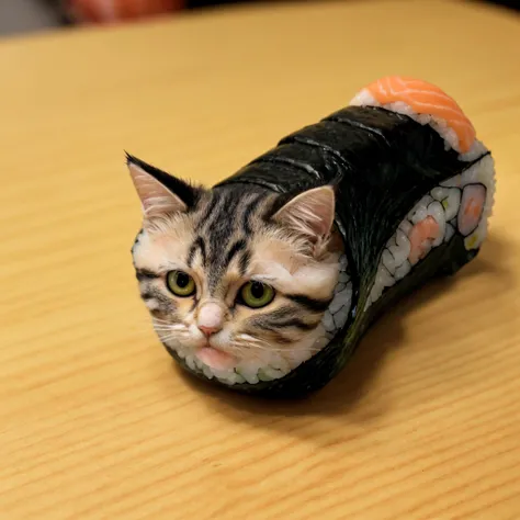 A photo of a face cat (sushi:1.5) sushi-shaped cat rice appearance of (cat:1.4) made out of (sushi:1.5) roll, cinematic, fujifilm, RTX, bokeh, sushi-shaped cat