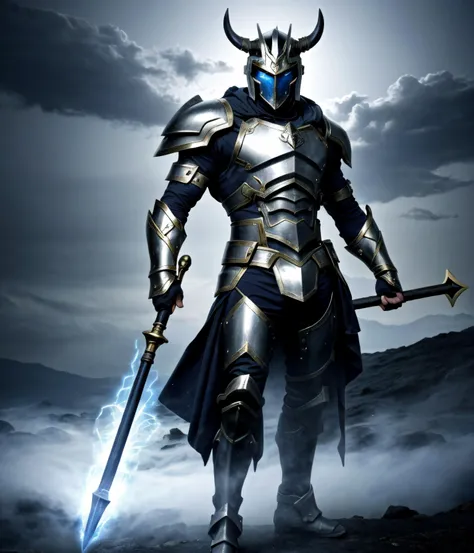 arcana hecarim skin, best aesthetic, lolsplashart, solo, looking at viewer, 1boy, holding, weapon, male focus, horns, sky, cloud, armor, muscular, glowing, abs, helmet, cloudy sky, pectorals, muscular male, staff, shoulder armor, gauntlets, clenched hand, glowing eyes, pelvic curtain, pauldrons, holding staff, tarot, leg armor, magical background, radiant light emanating from staff, elemental glow around, various lights