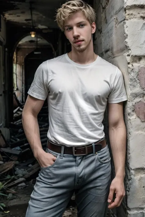 <lora:JacobNobody:1> (JacobNobody:1.2), goatee, dirty_blond, 20_years_old, a man wearing a white t-shirt and jeans, belt, leaning against a wall, ruins