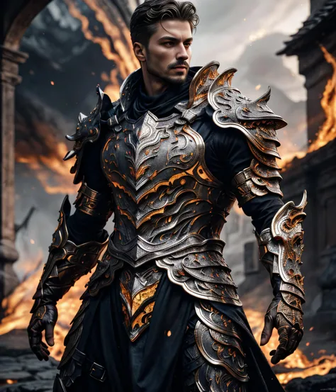 Realistic detailed photograph (italian man), emb3r4rmor, wearing embers knight armor, burning, glowing, dynamic pose, fighting stance, fantasy city background, holding sword,, best quality, masterpiece, highly detailed, realistic, (detailed background), depth of field, soft focus, intricate details, 8k, cartoon, 3d, unreal engine 5, photo of a man,, <lora:Clothing - Ember Armor_v2:0.7>