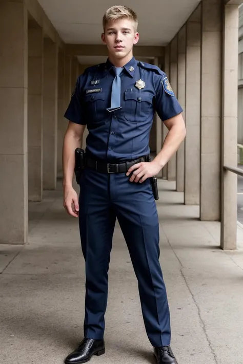 realistic, sfw, an attractive 18 years old fit caucasian boy standing, smug, full body shot, police uniform, <lora:Bradley J:0.7>, bradleyj person,