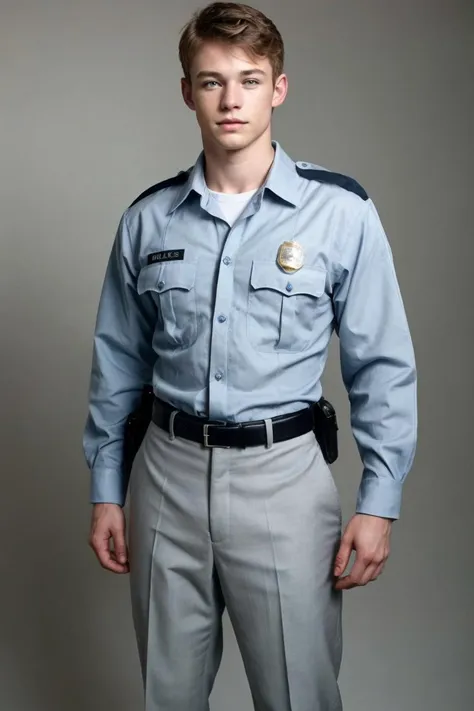 realistic, sfw, an attractive 18 years old fit caucasian boy standing, smug, full body shot, police uniform, <lora:thomasd-v1:0.7>, thomasd,