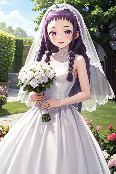 masterpiece,best quality,highres,ultra-detailed,aayue,1girl,purple eyes,purple hair,long hair,ahoge,twin braids,braid,oden,<lora:ayase_yue:0.8>,small breasts,(wedding dress:1.2),white dress,(veil:1.2),garden,smile,outdoors,standing,cowboy shot,holding bouquet,