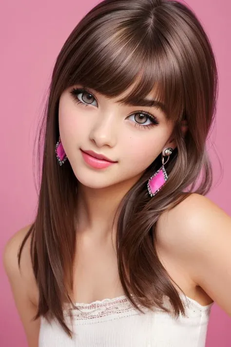 beautiful girl, brown_eyes, ((beautiful slim teenage girl 18 year old, hair color [Mahogany hair], [pageboy] hair)), earrings, lips, realistic, narrow waist, charming, pink lipstick, colorful makeup, long eyelashes, earrings, wearing eyeliner, fair skin, (cute), (detailed face), detailed eyes, detailed iris