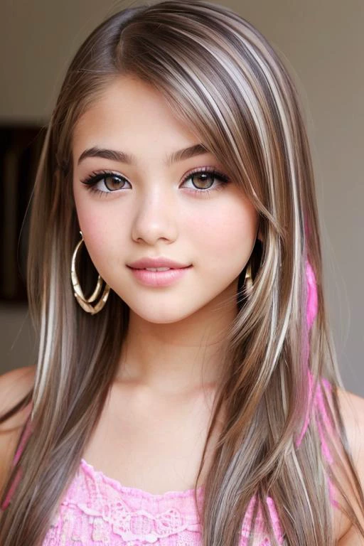 beautiful girl, brown_eyes, ((beautiful slim age girl 18 year old, hair color [Brown highlights hair], [undercut pixie] hair)), earrings, lips, realistic, narrow waist, charming, pink lipstick, colorful makeup, long eyelashes, earrings, wearing eyeliner, fair skin, (cute), (detailed face), detailed eyes, detailed iris