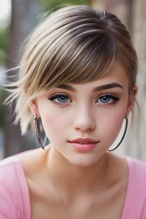 beautiful girl, brown_eyes, ((beautiful slim teenage girl 18 year old, hair color [Dirty blonde hair], [undercut pixie] hair)), earrings, lips, realistic, narrow waist, charming, pink lipstick, colorful makeup, long eyelashes, earrings, wearing eyeliner, fair skin, (cute), (detailed face), detailed eyes, detailed iris