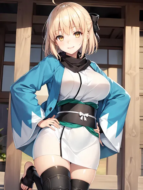 OkitaSouji, ,okita_souji, Fate Grand Order,looking at viewer,breast focus,woman,pale skin,blonde hair,short hair,straight hair,megami magazine,blue eyes,large breasts,zettai ryouiki,nsfw