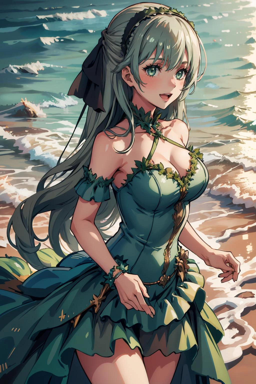 masterpiece, best quality, <lora:edgSeaweedDressv1:1> edgSeaweed, green dress, wearing edgSeaweed_dress with seashells <lora:elie-nvwls-v2-zero:0.7> elie macdowell, green eyes, hairband, hair ribbon, large breasts, ocean, beach, looking at viewer, :D, cowboy shot, standing