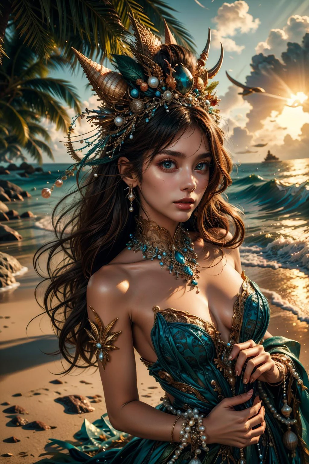(masterpiece:1.4), (intricate:1.2), (detailed:1.2), (vibrant colors:1.2), BREAK,
(fantasy:1.0), (tropical:1.0), BREAK,
(cowboy shot:1.0), (1girl:1.0), (seashell headdress:1.0), (seashell adornment:1.0), (edgSeaweed:1.0), (pearls:1.0), <lora:edgSeaweedDressv1:1.0>