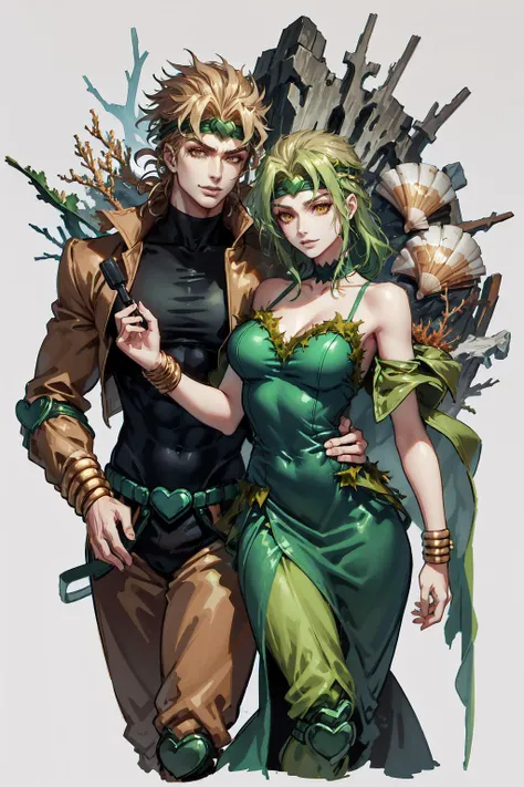 edgSeaweed, green dress, wearing edgSeaweed_dress with seashells, <lora:Outfit_SeaweedDress:1>, dio, jacket, headband, <lora:Char_Sigmas_Dio:0.9>