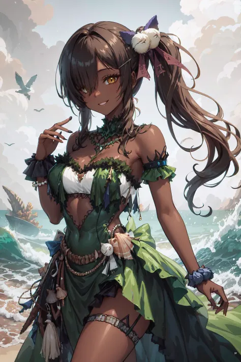 edgSeaweed, green dress, wearing edgSeaweed_dress with seashells, <lora:Outfit_SeaweedDress:1>, jelonaga, dark skin, dark-skinned female, side ponytail, hair ornament, hairclip, <lora:Char_NIKKE_Naga:1>, seductive smile,