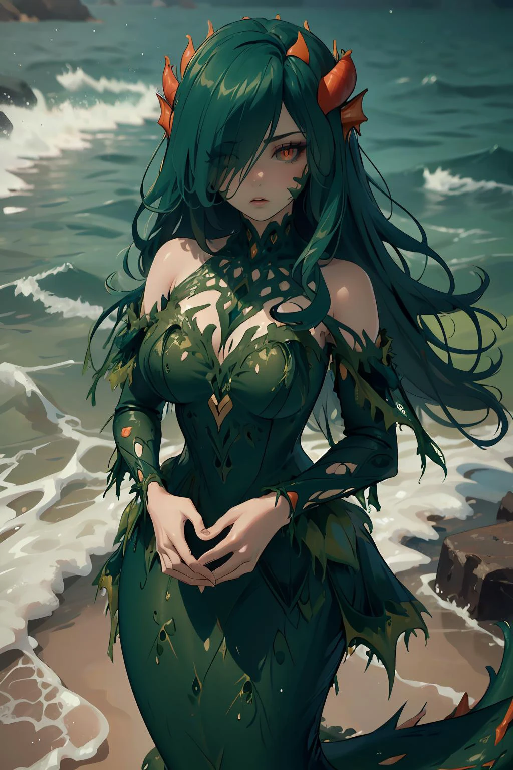 (masterpiece, best quality, highres, high resolution:1.2), extremely detailed, intricate details, 1girl, solo, looking at viewer, <lora:terraria_siren_nahlyn-11:0.8> nahlyn, monster girl, mermaid, green skin, hair over one eye, black sclera <lora:edgSeaweedDressv1:0.8> edgSeaweed, green dress, wearing edgSeaweed_dress with seashells, (cinematic lighting, bloom, volumetric),