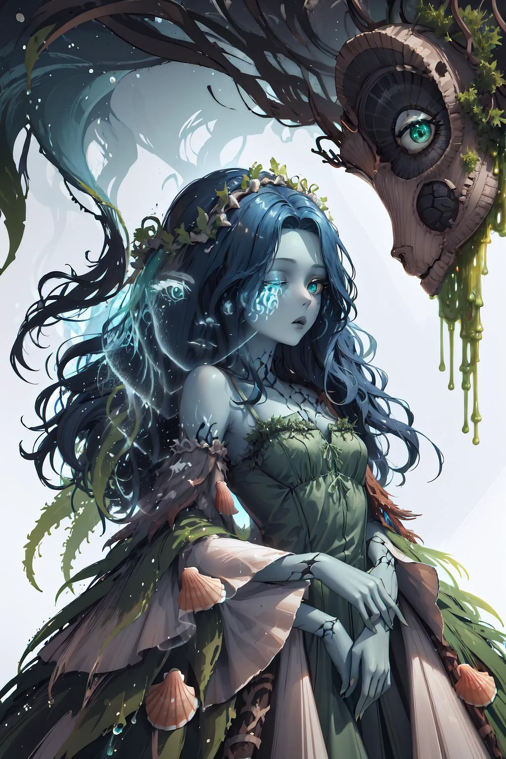 edgSeaweed, green dress, wearing edgSeaweed_dress with seashells, <lora:Outfit_SeaweedDress:1>, IncrsRanni, wavy hair, colored skin, blue skin, cracked skin, extra arms, extra faces, <lora:Char_EldenRing_Ranni:0.9>, ExtraFacesRanni, <lora:Looks_ExtraFaces:1>