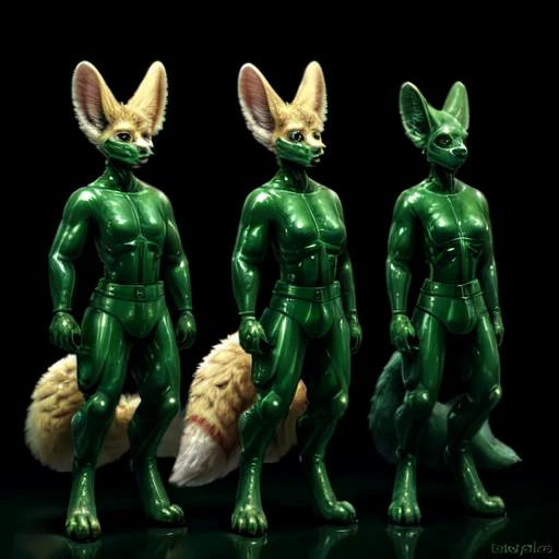 realistic, solo, (plastic_soldier, smooth green plastic skin, Drone Mask), male, anthro fennec, plastic, digitigrade, fox tail, (many breast:1.3), (standing, in a Military lineup with many identical Anthro Fennecs standing, Fennec), <lora:plastic_soldier:0.8>, <lora:manybreasts:1>