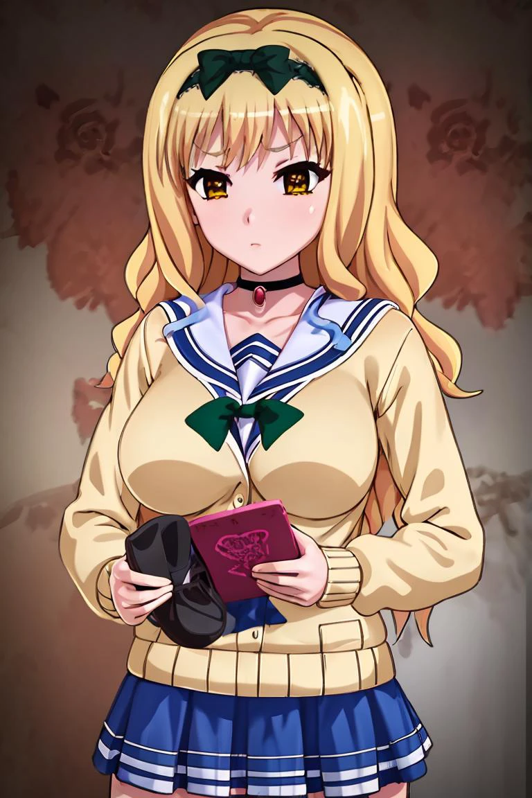 (masterpiece, best quality), 1girl, <lora:kotoneta:1> kotoneta, hairband, choker, school uniform, cardigan, bow, pleated skirt, pantyhose, loafers, anime coloring, yellow eyes