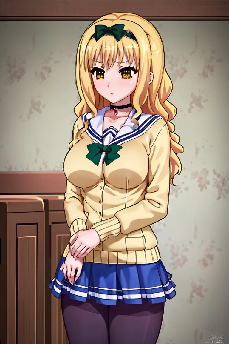 (masterpiece, best quality), 1girl, <lora:kotoneta:1> kotoneta, hairband, choker, school uniform, cardigan, bow, pleated skirt, pantyhose, loafers, anime coloring, yellow eyes