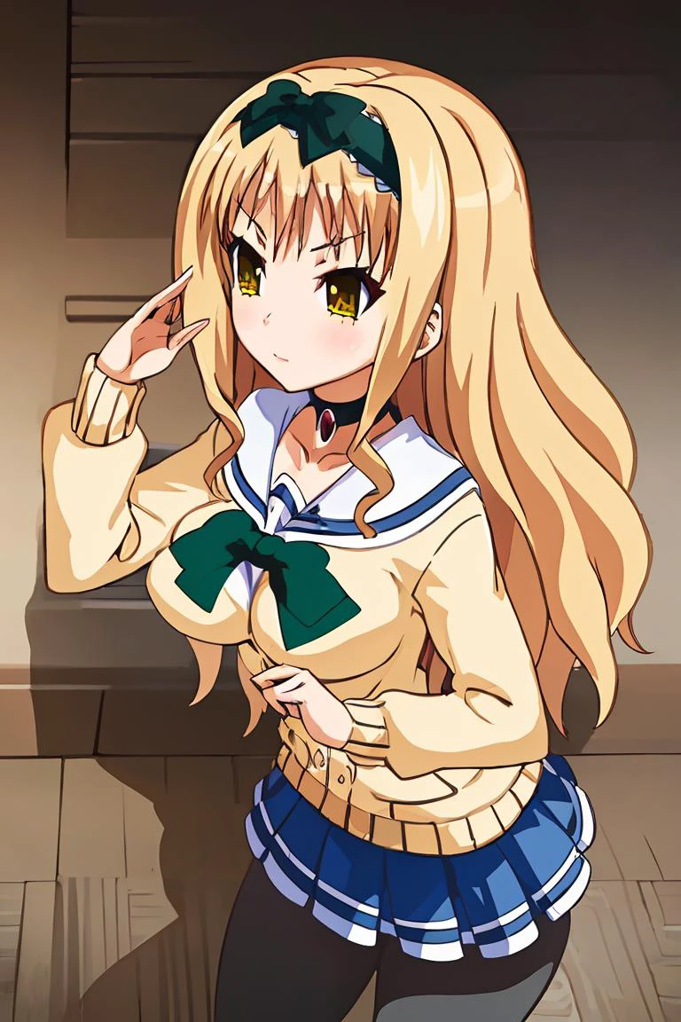 (masterpiece, best quality), 1girl, <lora:kotoneta:1> kotoneta, hairband, choker, school uniform, cardigan, bow, pleated skirt, pantyhose, loafers, anime coloring, yellow eyes