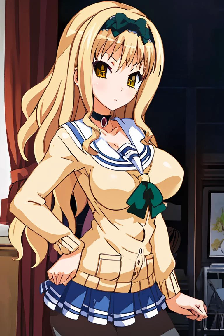 (masterpiece, best quality), 1girl, <lora:kotoneta:1> kotoneta, hairband, choker, school uniform, cardigan, bow, pleated skirt, pantyhose, loafers, anime coloring, yellow eyes