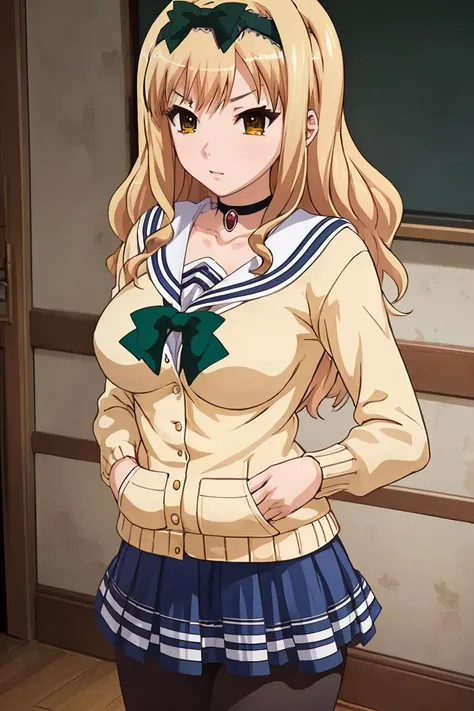 kotoneta, hairband, choker, 1girl, solo, school uniform, yellow cardigan, bow, pleated skirt, pantyhose, loafers, looking at viewer, frown, cowboy shot, crossed arms, window, curtains, anime coloring <lora:kotoneta_V2-10:0.7>