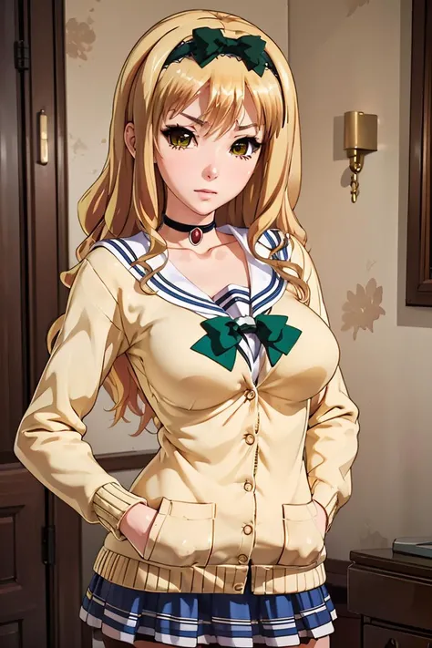 (masterpiece, best quality), 1girl, <lora:kotoneta:1> kotoneta, hairband, choker, school uniform, cardigan, bow, pleated skirt, pantyhose, loafers, anime coloring, yellow eyes