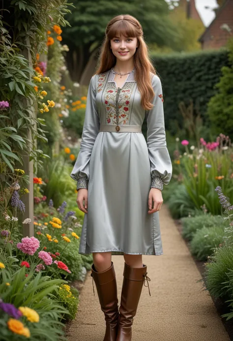 (medium full shot) of (elegant young woman from the tudor era), british, tan skin, olive green eyes, Medium build, long hazel bangs hair, wearing a silver grey silk tunic with embroidery, leather hose, knee boots with fur lining, kohl eyeliner, decorative brooch, gold circlet,  set in the tudor era, in  a vibrant garden, with lively birds, colorful flowers, babbling brooks, a joyful atmosphere, at night, woman smiling, Masterpiece,best quality, photo, realistic, very aesthetic, detailed face,