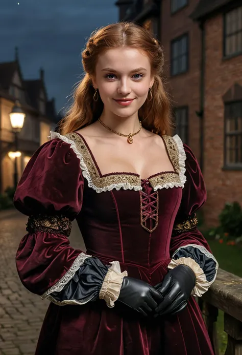 (medium full shot) of (dignified young woman from the tudor era), russian, tan skin, light brown eyes, willowy build, long ginger hime cut hair, wearing a deep burgundy puffed sleeve dress with ruffled details, leather boots, subtle eyeshadow, signet ring, velvet gloves,  set in the tudor era, in  , at night, woman smiling, ,Masterpiece,best quality, photo, realistic, very aesthetic, detailed face,