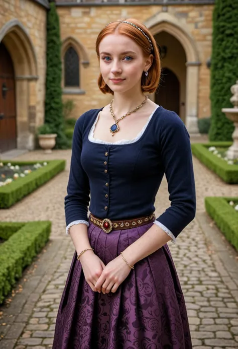 masterpiece, reality, 4k, (medium full shot) of (stately young woman from the tudor era), spanish, tan skin, blue eyes, Average build, short ginger straight down hair, wearing a dark purple loose jerkin with stylish accents, pleated skirt with brocade patterns, decorative flats with stylish design, kohl eyeliner, gemstone pendant, jeweled belt,  set in the tudor era, in  an elegant castle courtyard, with cobblestone paths, manicured gardens, ornate fountains, majestic statues, at night, woman smiling