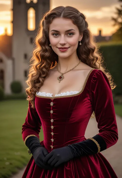 (medium full shot) of (majestic young woman from the tudor era), german, tan skin, light brown eyes, lithe build, long dark curly down hair, wearing a crimson red silk dress with elegant design, heeled shoes, natural lip balm, decorative brooch, velvet gloves,  set in the tudor era, in  , during sunset, woman smiling, Masterpiece,best quality, photo, realistic, very aesthetic, detailed face,