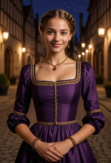 (medium full shot) of (regal young woman from the tudor era), spanish, tan skin, light brown eyes, Medium build, long brown dutch braid hair, wearing a dark purple formal dress with simple design, simple flats with stylish design, natural lip balm, bangle with intricate designs, gold circlet,  set in the tudor era, in  , at night, woman smiling, Masterpiece,best quality, photo, realistic, very aesthetic, detailed face,