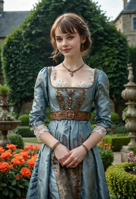 (medium full shot) of (regal young woman from the tudor era), canadian, pale skin, light Blue eyes, slim build, short brown bangs hair, wearing a silver grey empire waist dress with brocade patterns, ankle boots with buckles, kohl eyeliner, bracelet with intricate designs, jeweled belt,  set in the tudor era, in  a formal Tudor garden, with neatly trimmed hedges, colorful flower beds, elegant statues, a central fountain, at night, woman smiling, ,Masterpiece,best quality, photo, realistic, very aesthetic, detailed face,