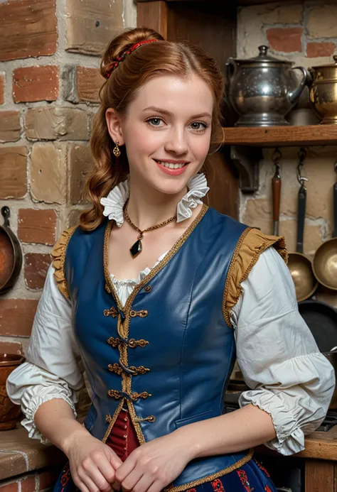 (medium full shot) of (stately young woman from the tudor era), french, fair skin, light brown eyes, petite build, short red ponytail hair, wearing a royal blue leather vest with ornate designs, wool hose, decorative flats with stylish design, subtle eyeshadow, gold earrings, ruffled collar,  set in the tudor era, in  a bustling castle kitchen, with large hearth, wooden tables, hanging pots and pans, busy servants, during sunset, woman smiling, ,Masterpiece,best quality, photo, realistic, very aesthetic, detailed face,