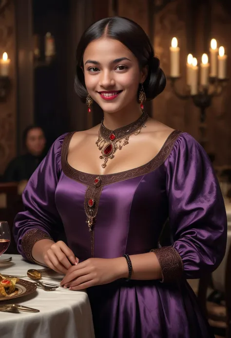 (medium full shot) of (noble young woman from the tudor era), brazilian, tan skin, brown eyes, full-figured build, extra long dark inverted bob hair, wearing a dark purple silk dress with intricate patterns, simple flats with stylish design, rosy red lips, bangle with intricate designs, embroidered collar,  set in the tudor era, in  a lavish banquet hall, with long tables filled with food, elegant candles, musicians playing lutes, guests in fine attire, woman smiling, ,Masterpiece,best quality, raw photo, realistic, very aesthetic, dark