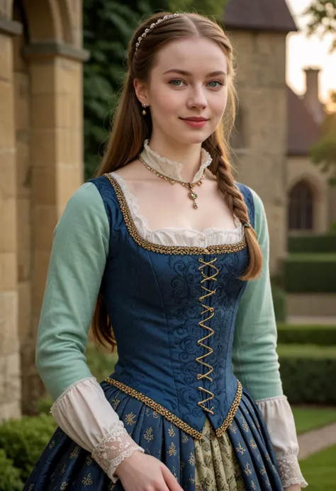 masterpiece, reality, 4k, (medium full shot) of (graceful young woman from the tudor era), french, pale skin, mint green eyes, lithe build, extra long dark ponytail hair, wearing a royal blue fitted jerkin with stylish accents, pleated skirt with brocade patterns, knee boots with buckles, kohl eyeliner, decorative brooch, embroidered collar,  set in the tudor era, in  , during sunset, woman smiling