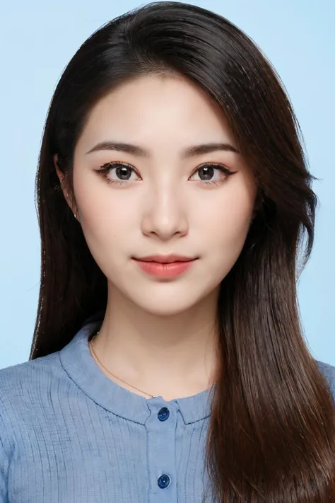 <lora:identification photo:0.7> ,identification photo,(blue background:1.3),1 girl