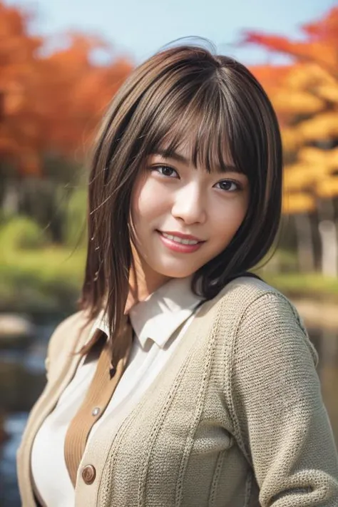 1girl,(wearing a cardigan and  blouse:1.2),(RAW photo, best quality), (realistic, photo-realistic:1.4), masterpiece, an extremely delicate and beautiful, extremely detailed, 2k wallpaper, Amazing, finely detail, extremely detailed CG unity 8k wallpaper, ultra-detailed, highres, soft light, beautiful detailed girl, extremely detailed eyes and face, beautiful detailed nose, beautiful detailed eyes,cinematic lighting,(in a beautiful forest of pine trees at a Japanese countryside),(autumn scenery:1.3),(maple trees in autumn),(by a small rocky river),(morning light),perfect anatomy,slender body,smiling, <lora:higashimuramei_lora:0.8>,short hair
