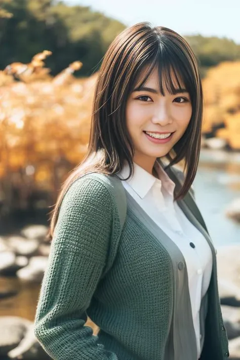 1girl,(wearing a cardigan and blouse:1.2),(RAW photo, best quality), (realistic, photo-realistic:1.4), masterpiece, an extremely delicate and beautiful, extremely detailed, 2k wallpaper, Amazing, finely detail, extremely detailed CG unity 8k wallpaper, ultra-detailed, highres, soft light, beautiful detailed girl, extremely detailed eyes and face, beautiful detailed nose, beautiful detailed eyes,cinematic lighting,(in a beautiful forest of pine trees at a Japanese countryside),(autumn scenery:1.3),(maple trees in autumn),(by a small rocky river),(morning light),perfect anatomy,slender body,smiling, <lora:higashimuramei_lora:0.8>,short hair