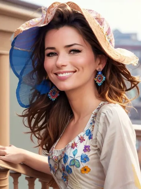 photograph of a woman, standing on a balcony, Shania Twain, smile, long colorful detailed dress, stunning environment, ultra realistic, concept art, elegant, ((intricate)), ((highly detailed)), depth of field, (((professionally color graded))), 8k, 85mm, f/1. 8, art by artgerm and greg rutkowski and alphonse mucha