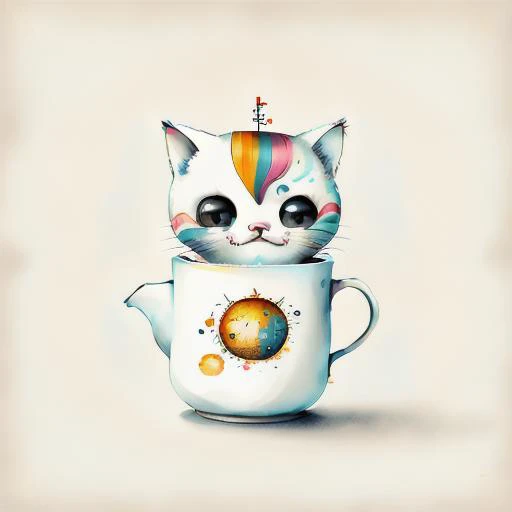 circular design, logo art, t-shirt art, (a cute adorable kawaii kitten in teacup:1), fantasy, colorful, vintage, charming; white background, lowbrow art, concept design by Wes Anderson, vladstudio, Austin Osman Spare, Roberto Ferri, and Luis Ricardo Falero; digital illustration, radiant; gouache, 16k, minimalistic, doodle, CGSociety, solarpunk, crispy quality, sharp, bright, volumetric lighting, intricate, ample negative white space, as a logo, <lora:LilYunicorn2-06:0.8> as a t-shirt logo in the style of <magifactory> art, vladstudio , <lora:Watercolor-07:1>