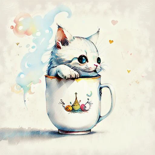 circular design, logo art, t-shirt art, (a cute adorable kawaii kitten in teacup:1), fantasy, colorful, vintage, charming; white background, lowbrow art, concept design by Wes Anderson, vladstudio, Austin Osman Spare, Roberto Ferri, and Luis Ricardo Falero; digital illustration, radiant; gouache, 16k, minimalistic, doodle, CGSociety, solarpunk, crispy quality, sharp, bright, volumetric lighting, intricate, ample negative white space, as a logo, <lora:LilYunicorn2-06:0.8> as a t-shirt logo in the style of <magifactory> art, vladstudio , <lora:Watercolor-07:1>