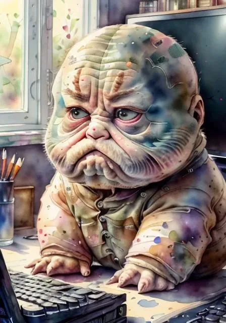 (extremely detailed 8k wallpaper),a full wide watercolor painting of a (Grumpy Potato staring at his computer ), Intricate, High Detail, dramatic <lora:Watercolor:0.7>